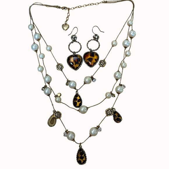 Betsey Johnson Leopard & Pearl Multi-Row Illusion Necklace & Earrings Set - Picture 1 of 14